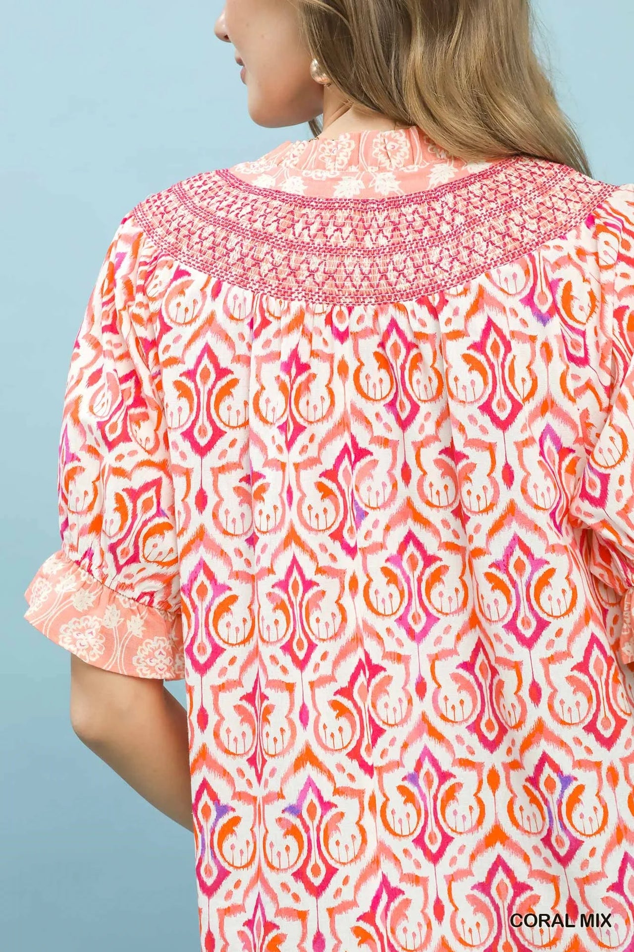 Umgee Mix Boho Puff Sleeve Smocked Top