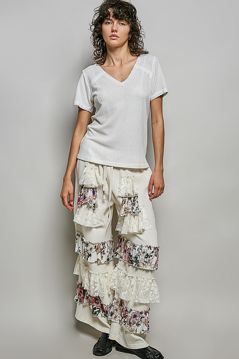 POL Lace Detail V-Neck Short Sleeve Textured T-Shirt