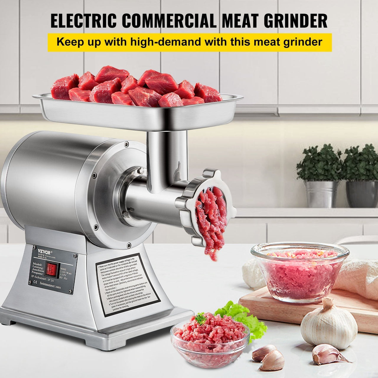 Commercial Meat Grinder,550LB/h 1100W Electric Meat Grinder, 220 RPM Heavy Duty Stainless Steel Industrial Meat Mincer w/2 Blades, Grinding Plates & Stuffing Tubes