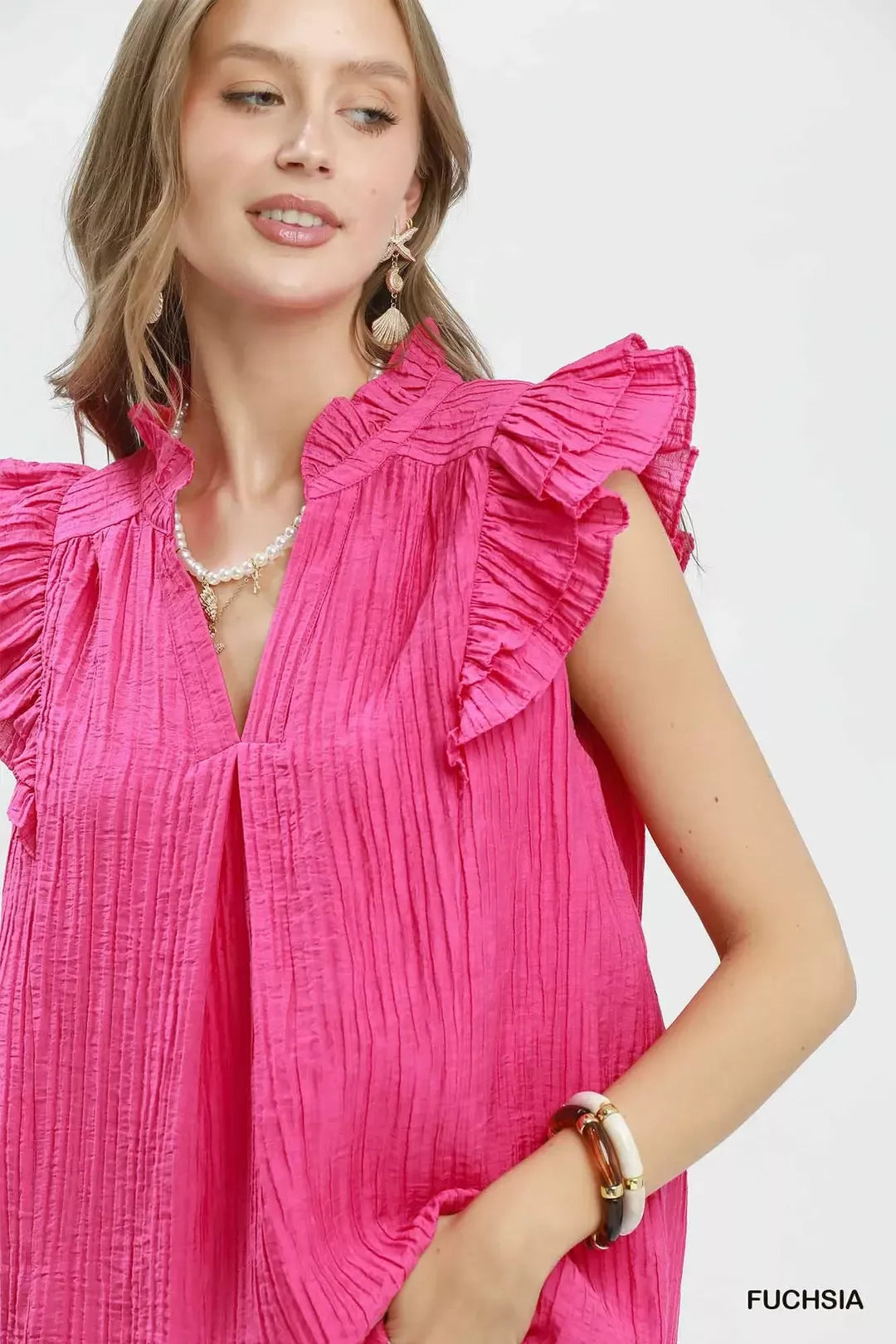 Umgee Textured Ruffle Sleeve Split V Neck Top
