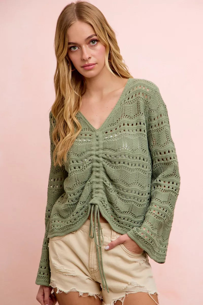 BiBi Pointelle Knit V Neck Ruched Front Lightweight Top