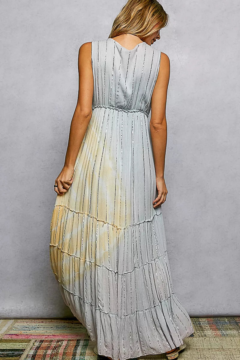 POL Deep V Sleeveless Cotton Bohemian Tiered Maxi Dress