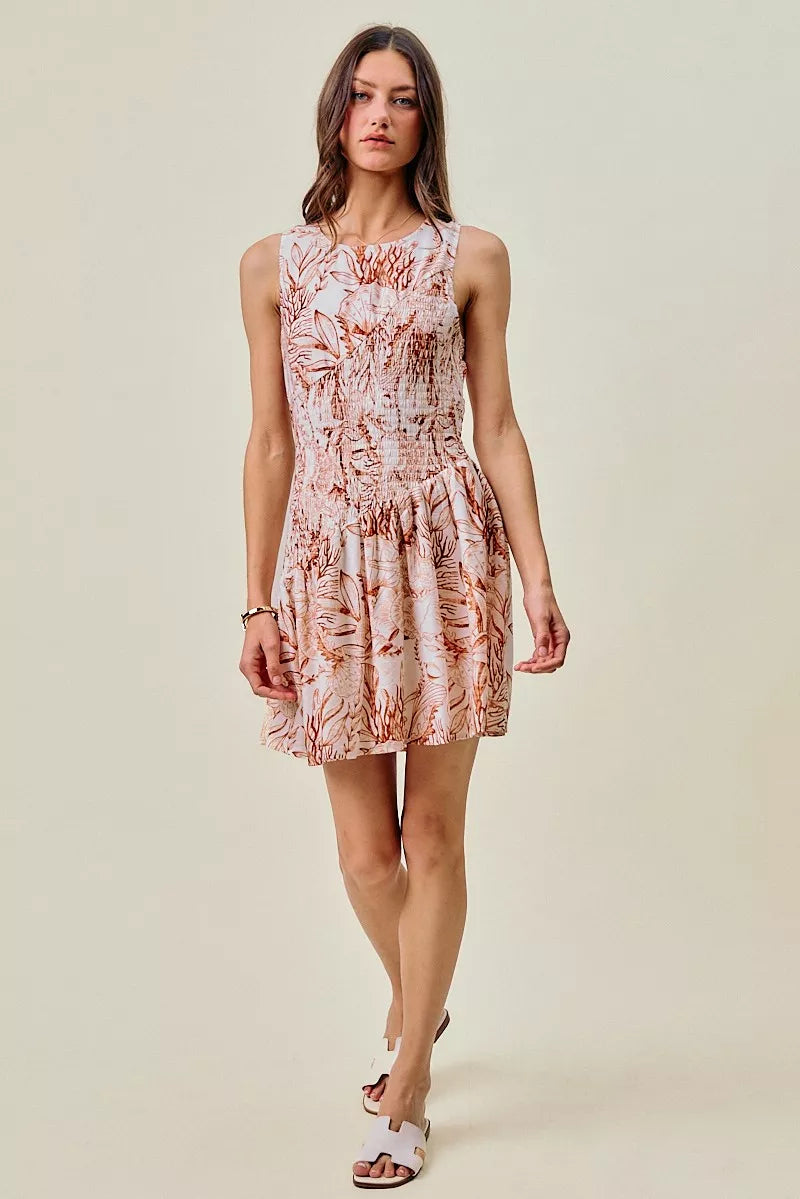 SO ME Shell Print Smocked Fit And Flare Mini Lined Dress
