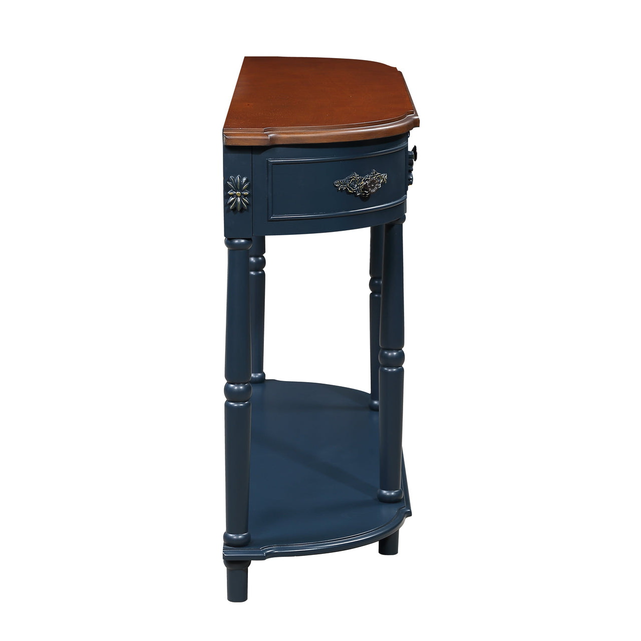 Retro Curved Wood Console Table, 52 inch Circular Half Moon Sofa Table with Open Shelf and 2 Drawers, Solid Wood Entry Table for Living Room, Hallway, Navy Blue + Brown Top