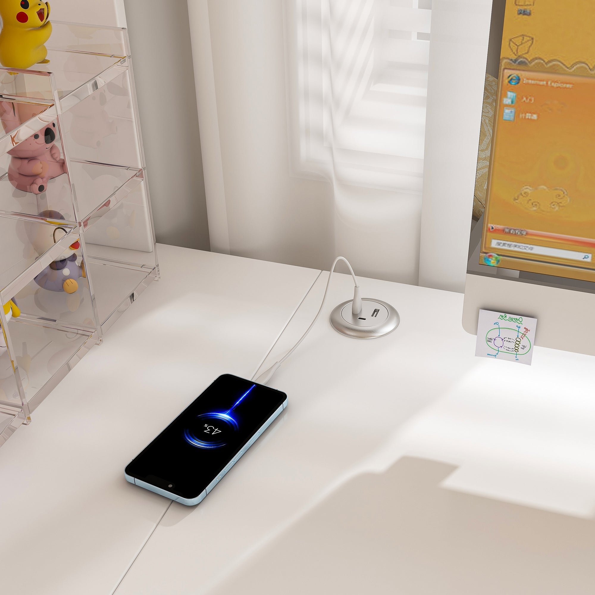 White L-Shaped Computer Desk with Glass Cabinets, Built-In LED Lights, USB Charging Ports, and Keyboard Tray - Ergonomic Office Furniture for Home and Corporate Workspaces