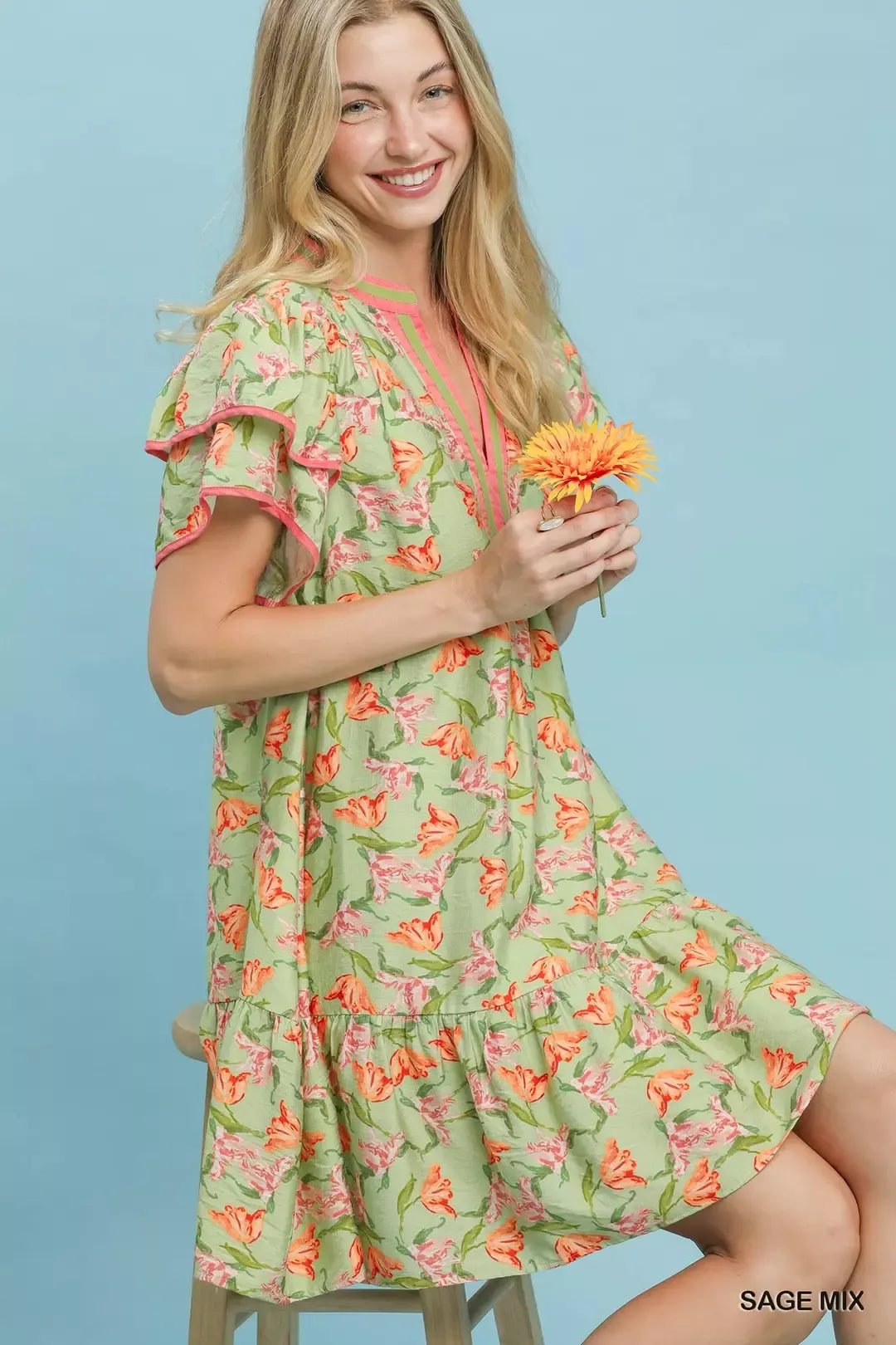 Umgee Floral Flutter Sleeve Tiered Dress