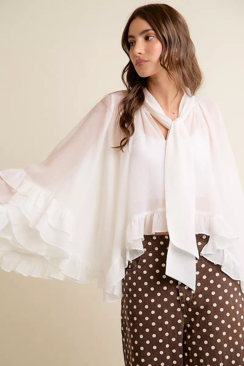 SO ME Sheer Ruffle Bell Sleeves Bow Tie Flowy Blouse Top