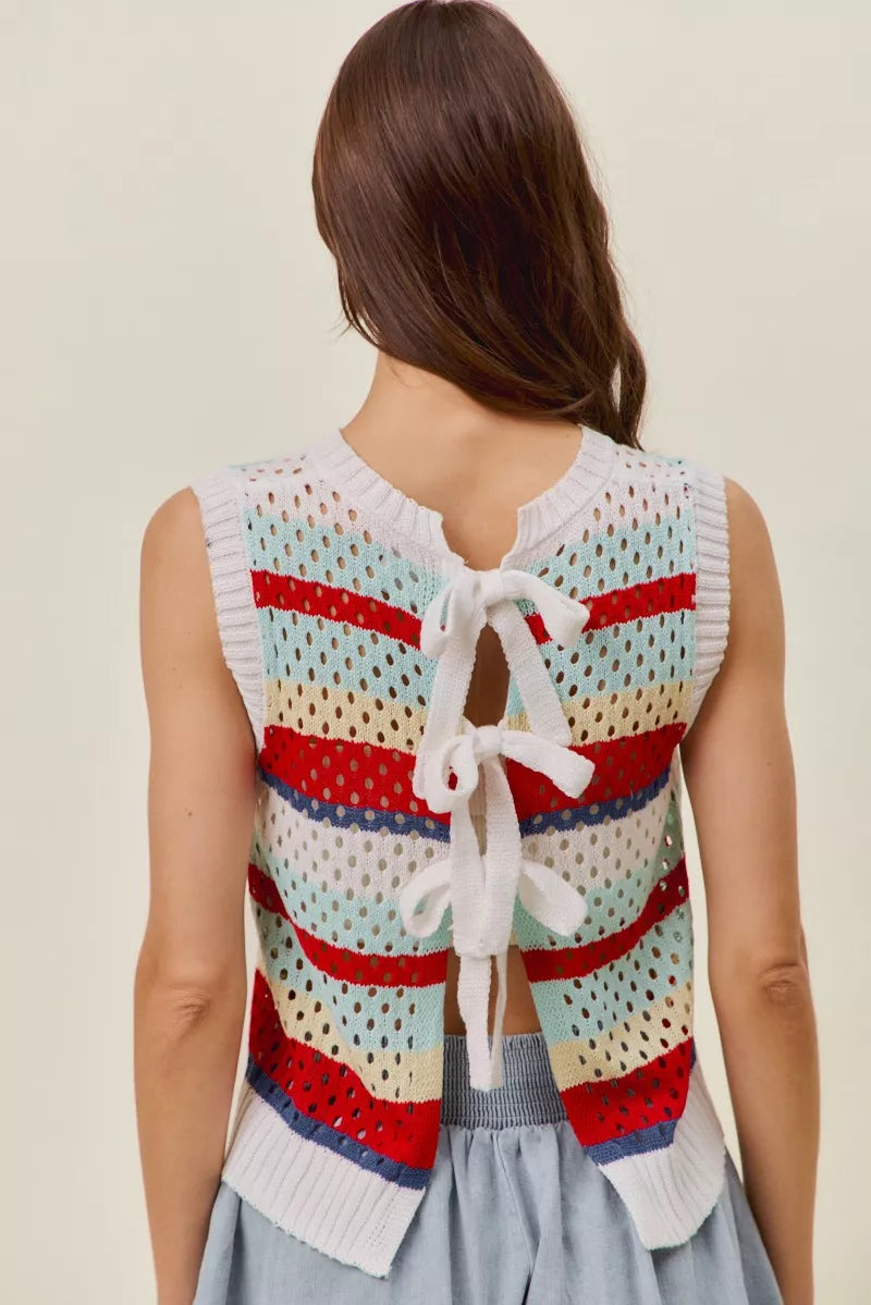 SO ME Tie Back Multi Stripe Sweater Knit Tank Top