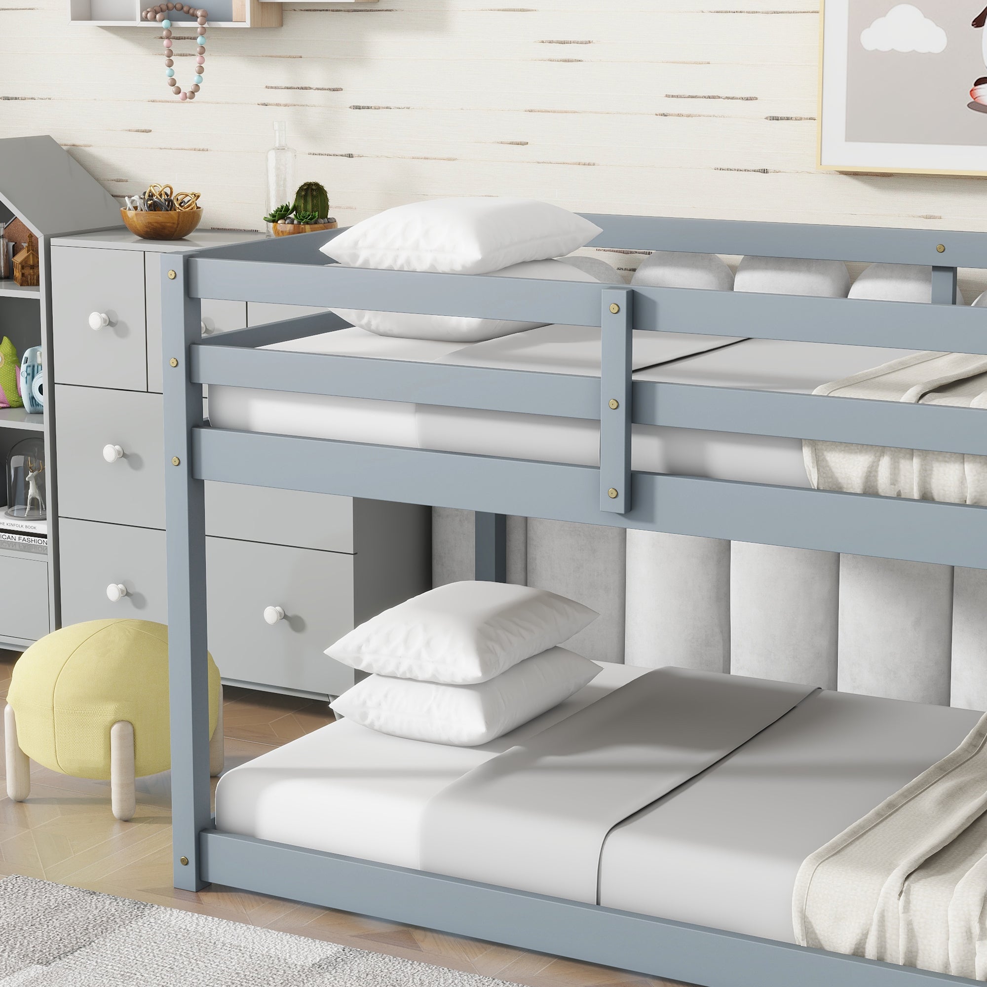 Solid Wooden , Solid Rubber Wooden Twin over Twin Floor Bunk Bed with Ladder ,Upper and Bottom Bed Platforms crafted with Strengthened Slats ,Grey