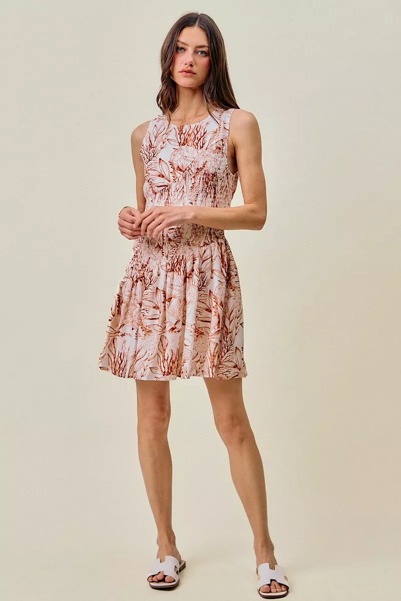 SO ME Shell Print Smocked Fit And Flare Mini Lined Dress