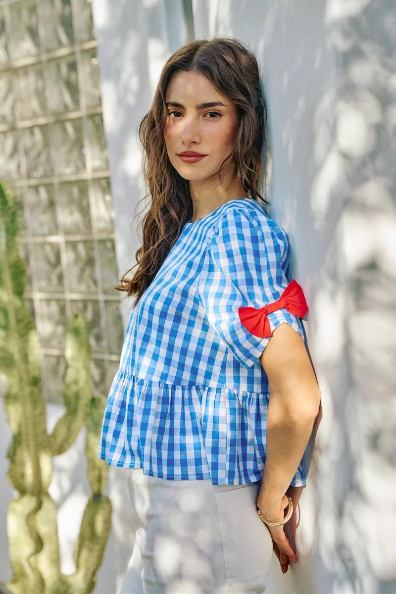 SO ME 4th Of July Gingham Ribbon Detail Short Sleeves Blouse