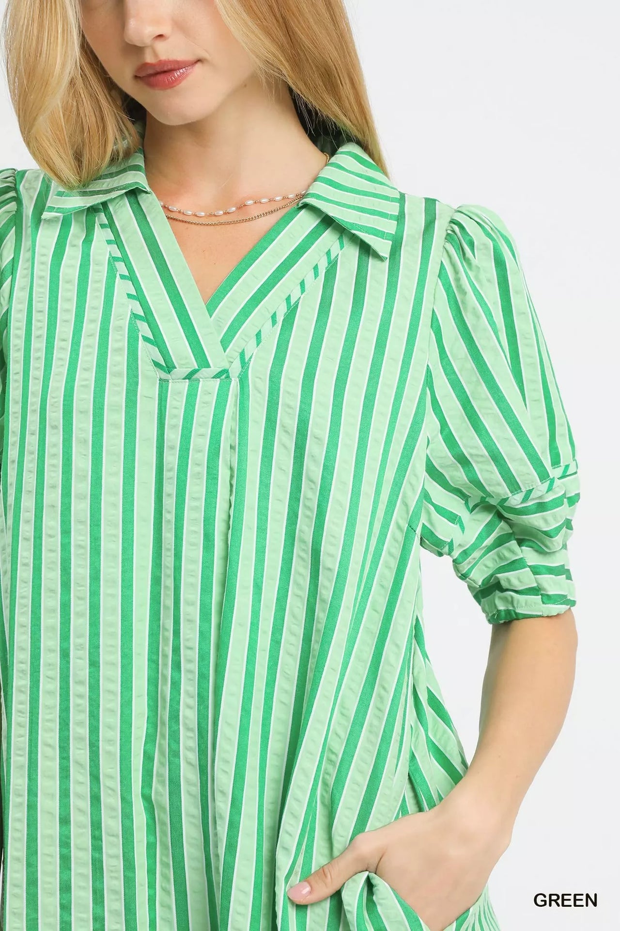 Umgee Striped Puff Sleeve Midi Dress
