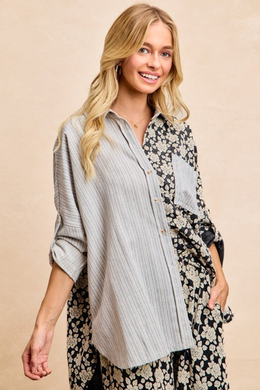 BiBi Stripes Jacquard Floral Mix And Match Shirt Top