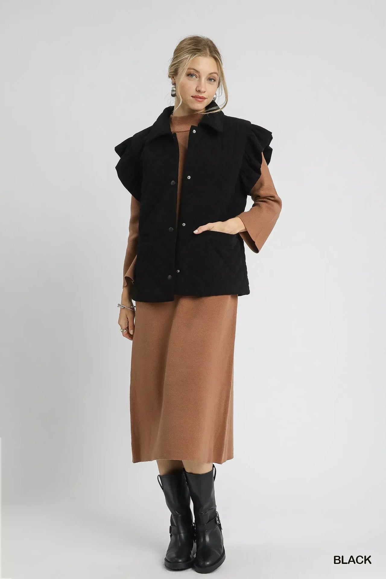Umgee Corduroy Quilted Ruffle Sleeve Vest