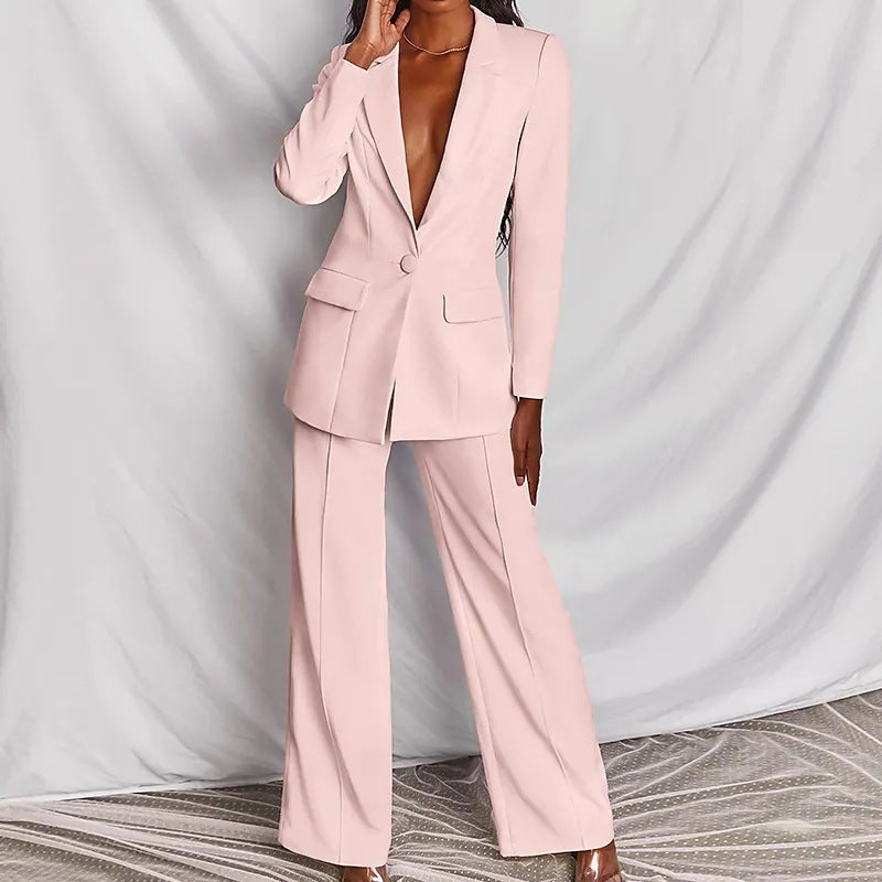 2pcs Casual Suit Lapel Button-down Blazer Jacket And Straight-leg Pants Office Commuting Business Trousers Set Clothing (See size chart where applicable)