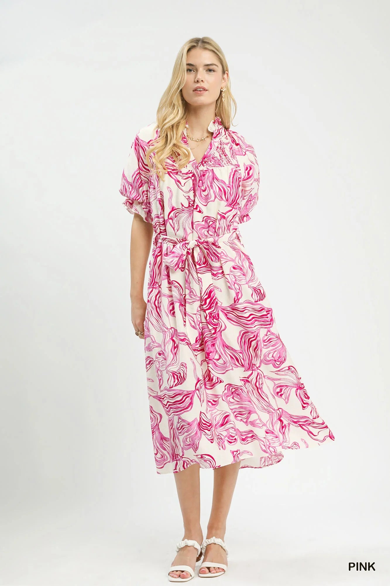 Umgee Abstract Print Smocked Tie Waist Midi Dress