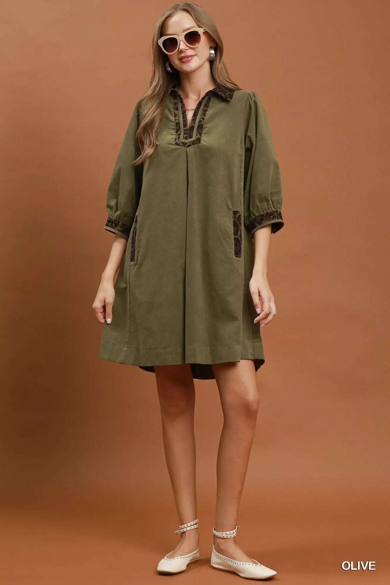 Umgee V-Neck Shift Dress with Contrast Trim