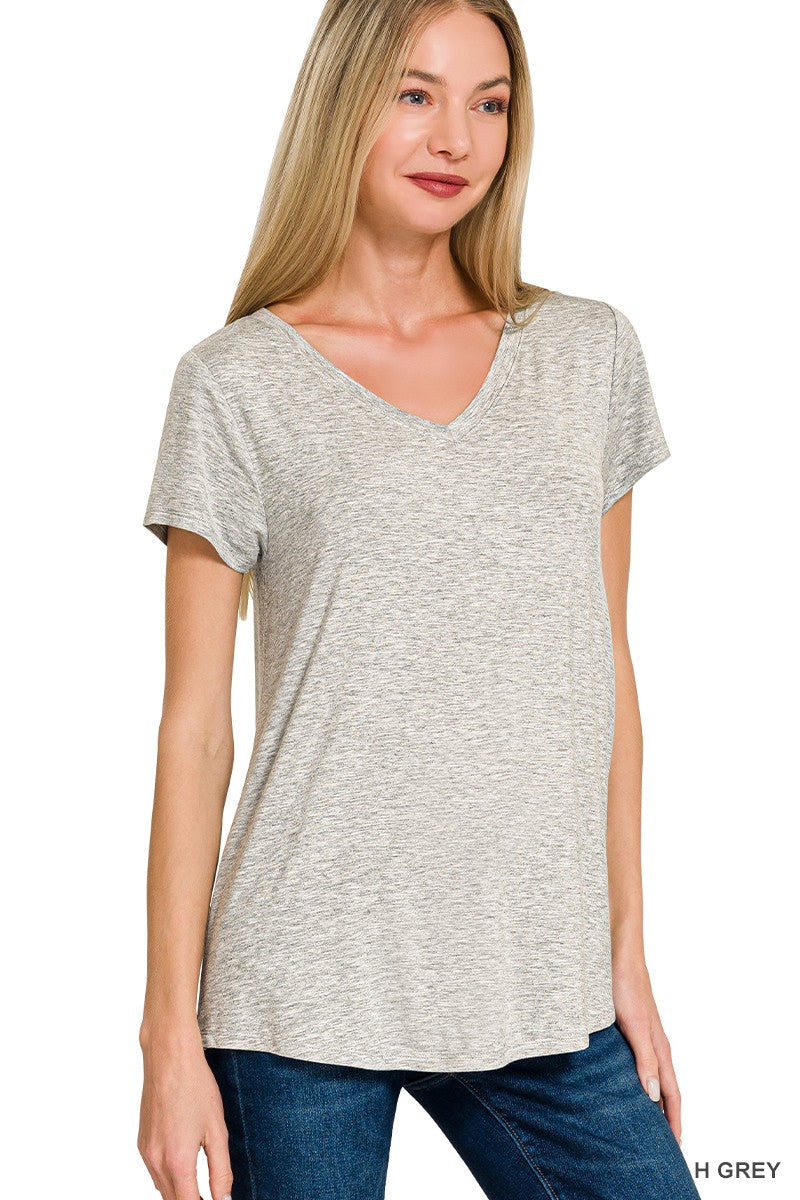 Zenana Rayon Short Sleeve V-neck Round Hem Top