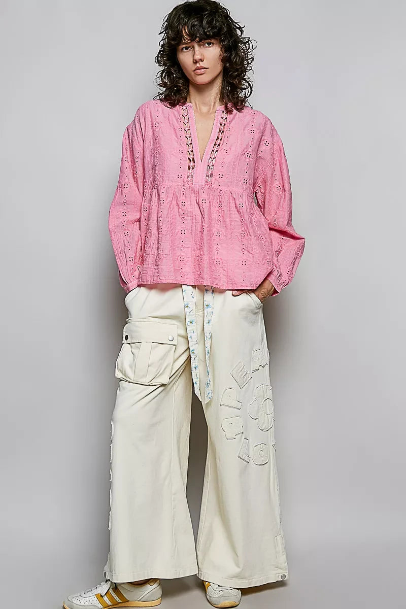 POL Eyelet Lace Split Neck Gathered Empire Waist Cotton Blouse