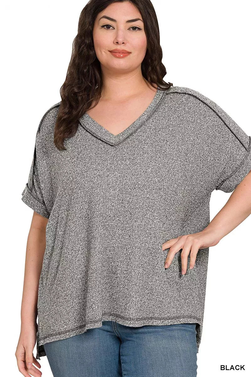 Zenana Full Size Soft Melange Hacci V-Neck Short Sleeve Hi-low Tee Plus Size