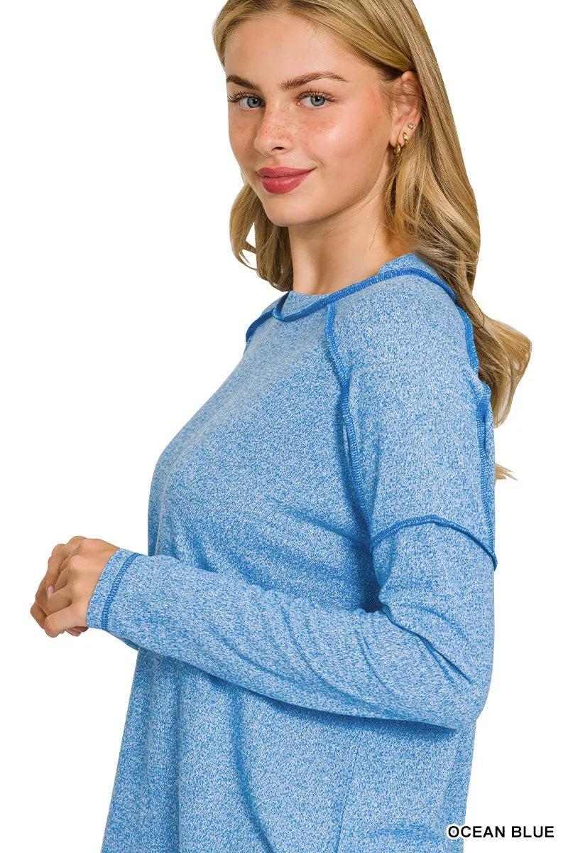 Zenana Full Size Melange Hacci Exposed Seam Hi-low Tee Plus Size