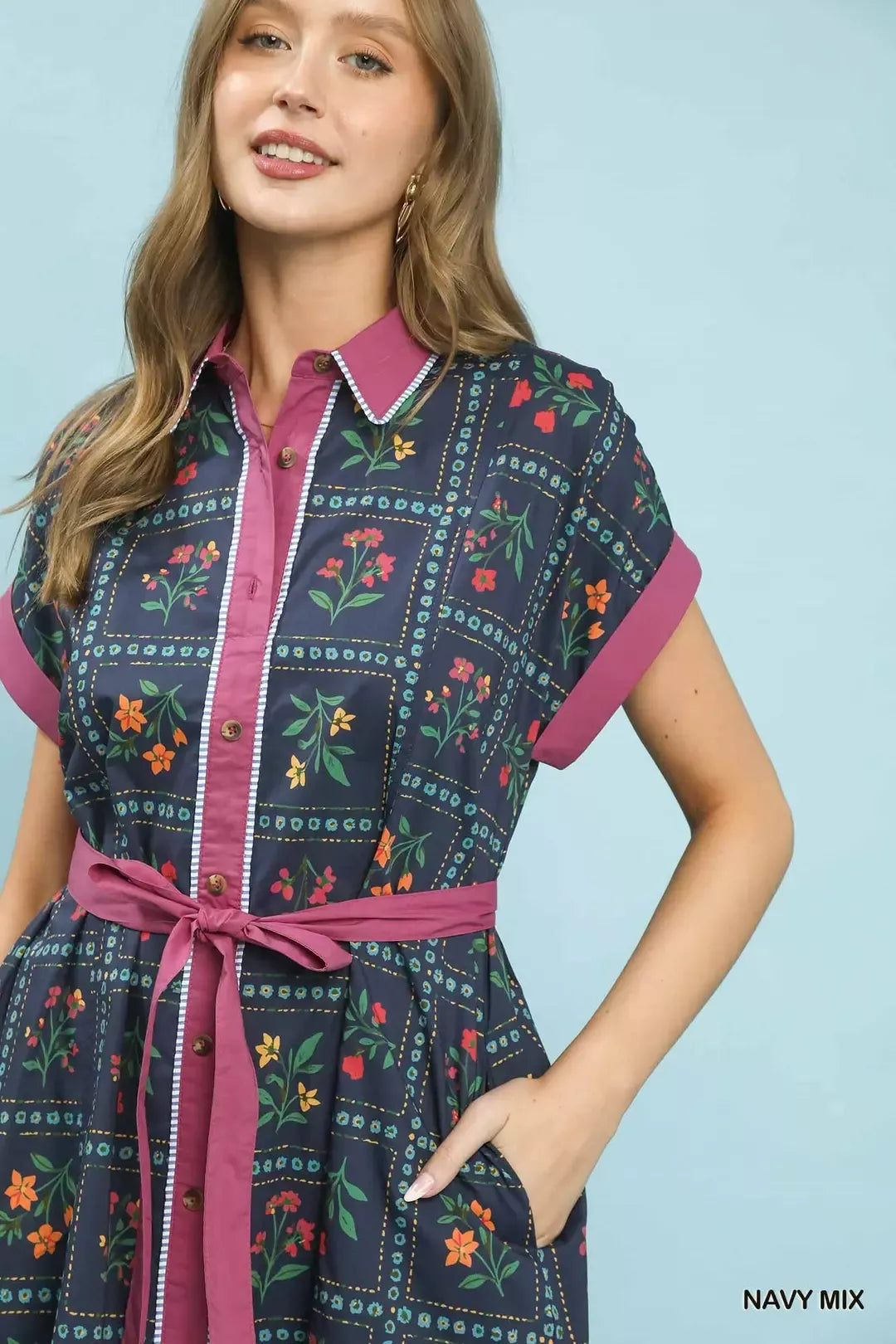 Umgee Mix Floral Button-Front Midi Dress
