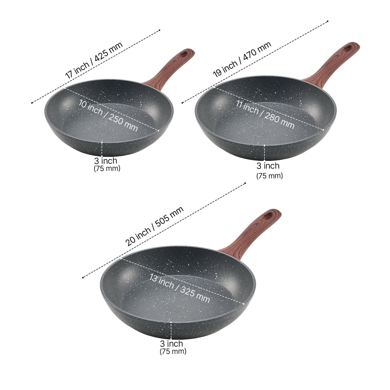 3 Piece Frying Pan Aluminum Skillet Set 9.5 11 12 in Nonstick Pre-Seasoned Grey