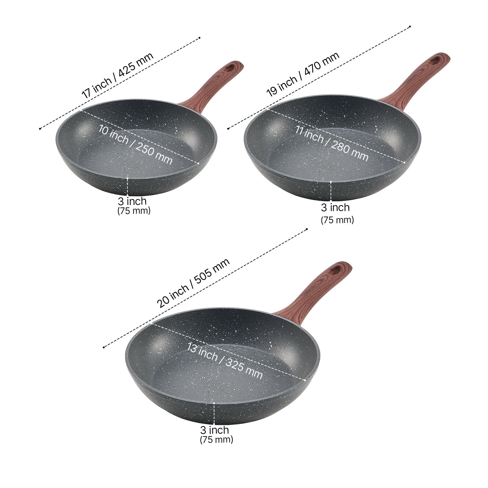 3 Piece Frying Pan Aluminum Skillet Set 9.5 11 12 in Nonstick Pre-Seasoned Grey