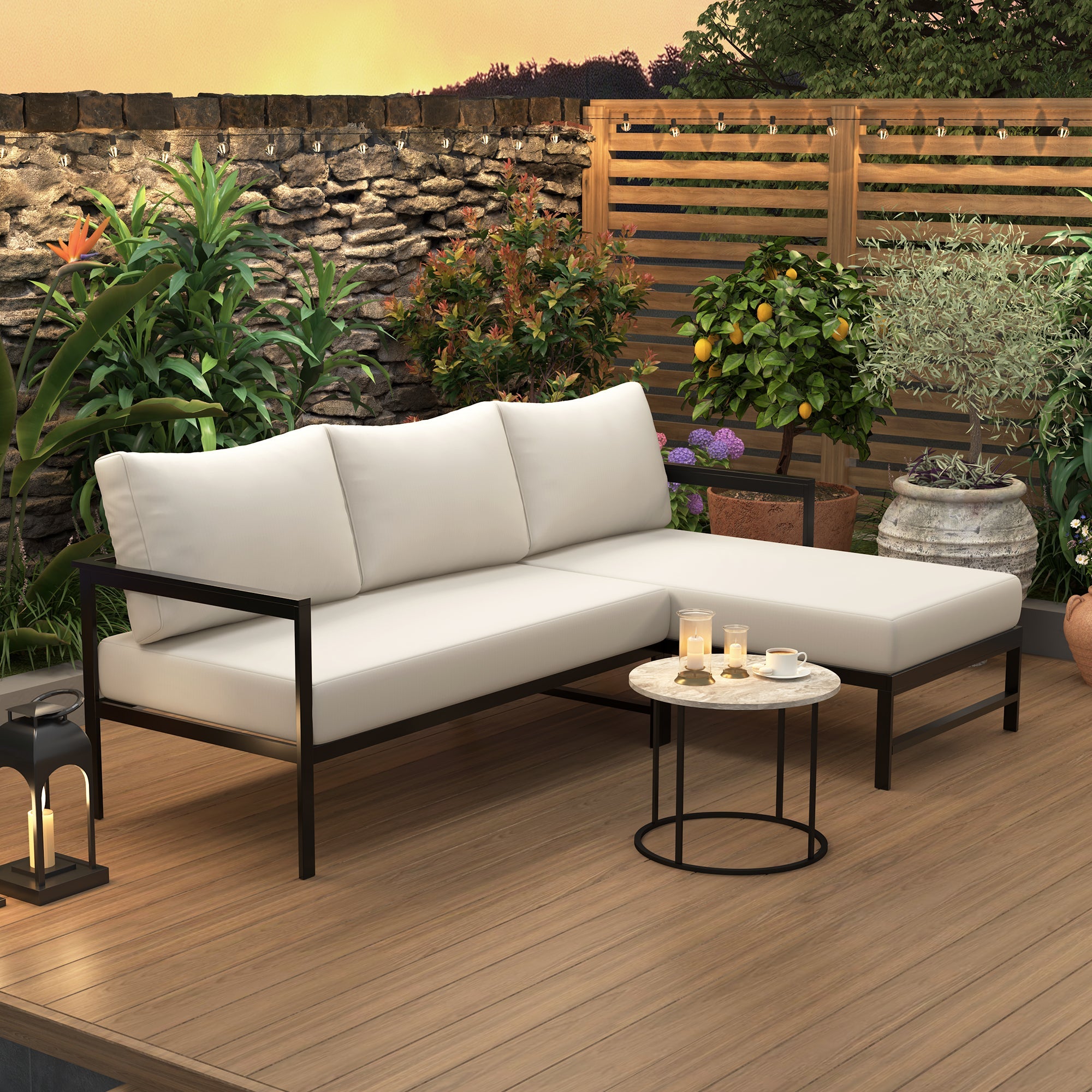U_style Outdoor L-Shaped Sofa with Iron Frame,Weather-Resistant Patio Sofa Set with Ultra-Thick Cushions,Comfortable Seating for 3,Ideal for Patio, Balcony,and Garden