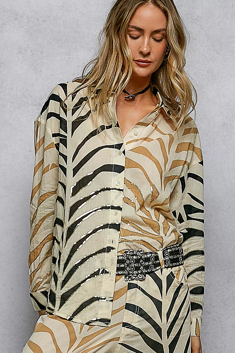 POL Two-Tone Printed Woven Spangle Long Sleeve Shirt