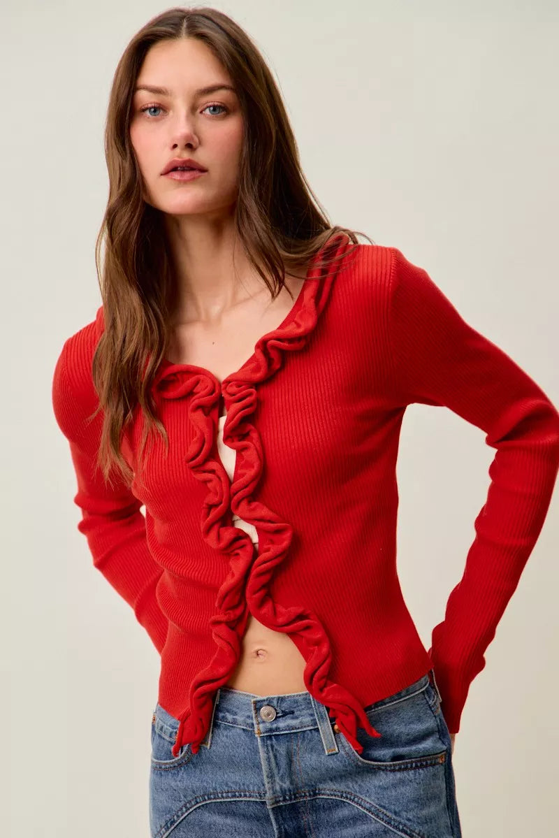 SO ME Cascade Ruffle Ribbed Sweater Cardgian