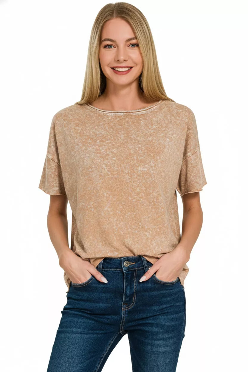 Zenana Halo Washed Cotton Short Sleeve Top