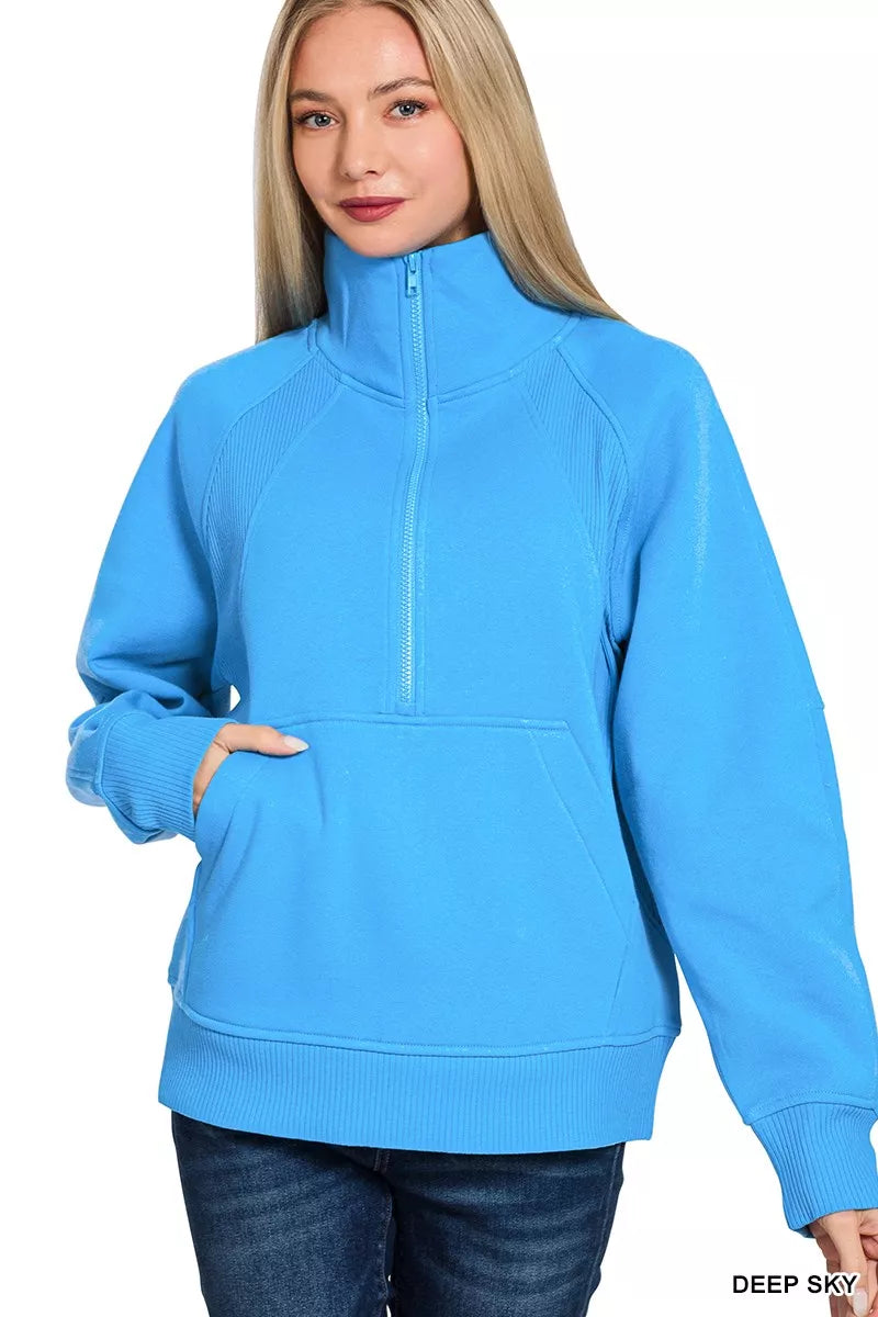 Zenana Half Zip Fleece Sweatshirt with kangaroo Pocket