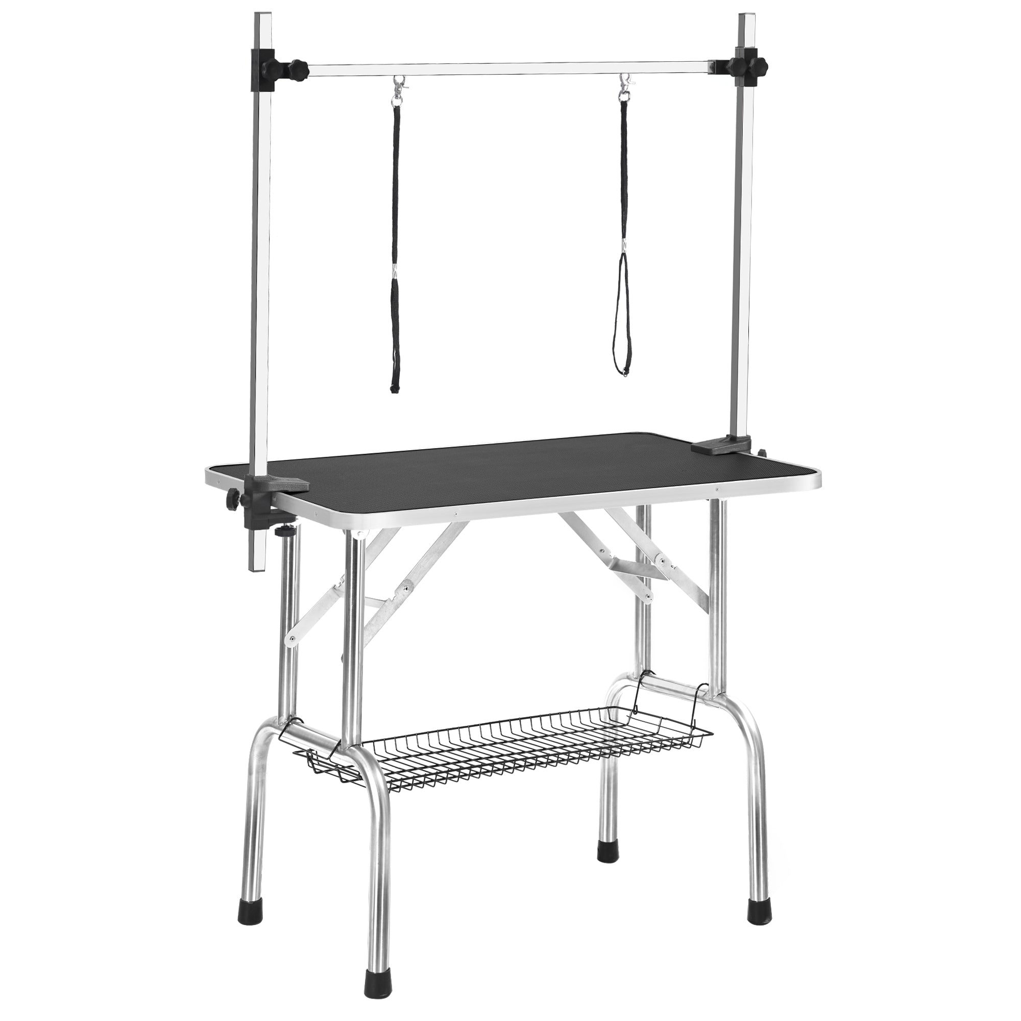 Professional Dog Grooming Table Large Adjustable Heavy Duty Portable with Arm and Noose Mesh Tray in Black Stainless Steel