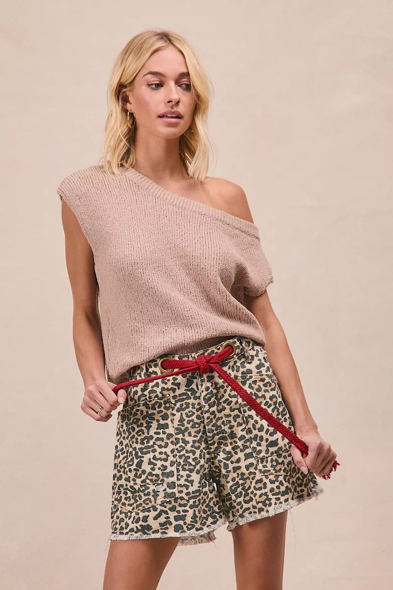 BiBi Braided Waist Belt Patch Pockets Leopard Print Shorts