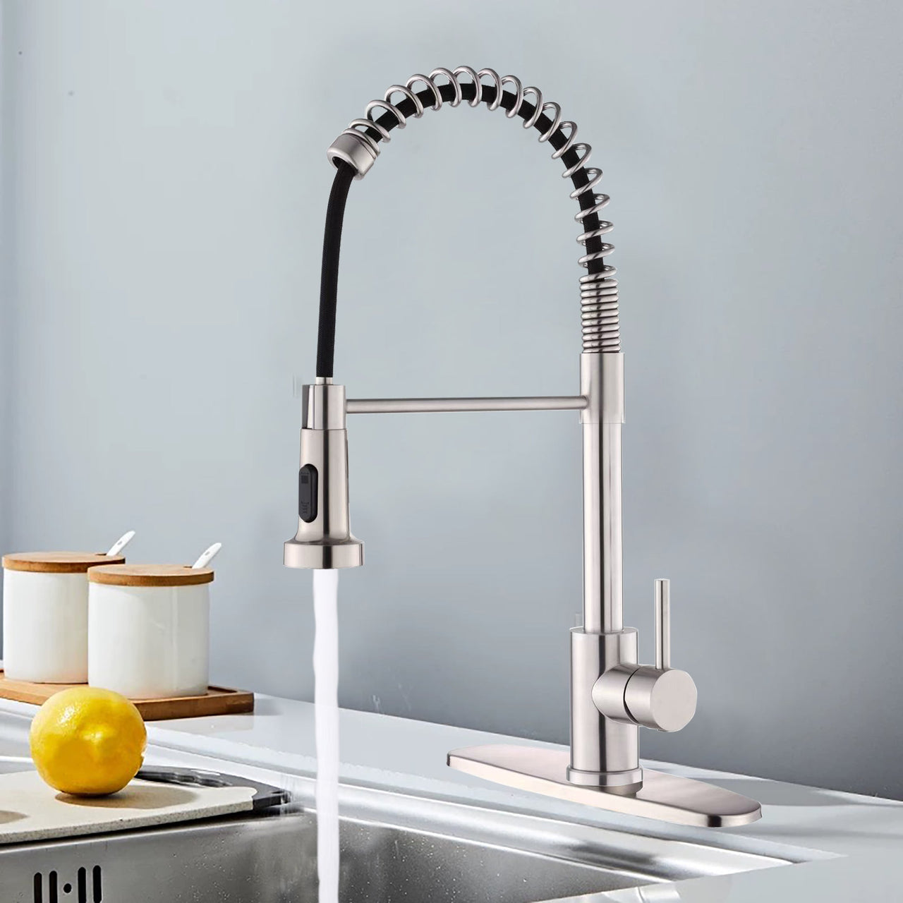 Kitchen Faucet with Pull Down Sprayer Industrial 1 Handle 1 Hole Or 3 Hole Faucet for Farmhouse Camper Laundry Utility Rv Wet Bar Sinks, Stainless Steel, Brushed Nickel