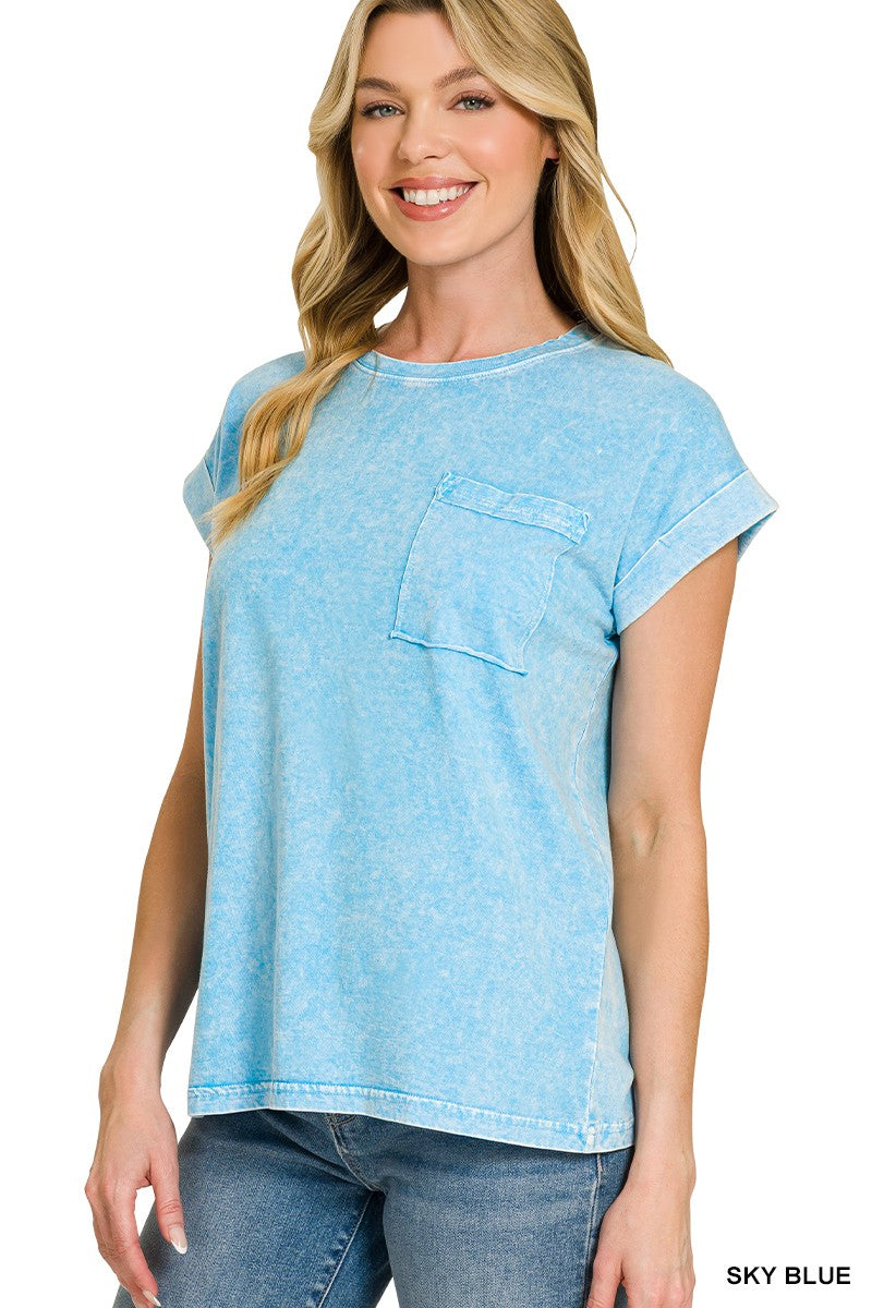 Zenana Halo Snow Washed Cuffed Short Sleeve Tee
