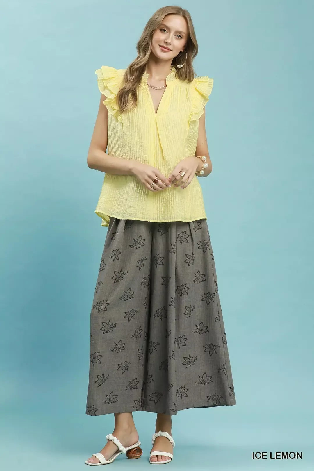 Umgee Textured Ruffle Sleeve Split V Neck Top
