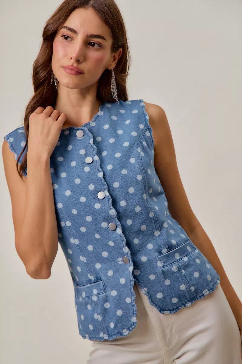 SO ME Polka Dot Denim Scallop Edge Button Down Vest Top