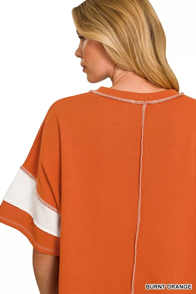 Zenana French Terry Striped Exposed Seam Top