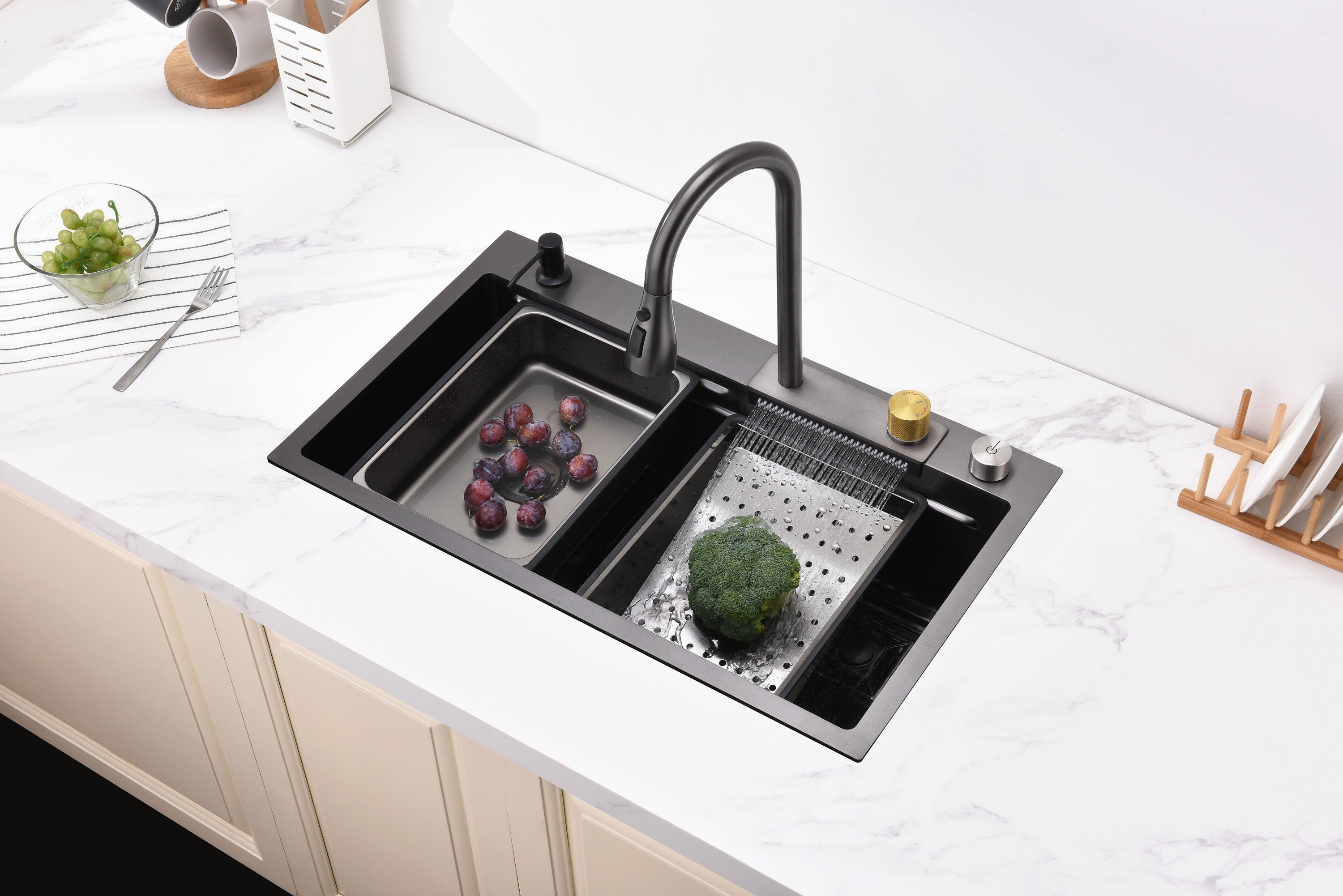 Waterfall Kitchen Sink, Stainless Steel Single Bowl in Black, Multifunctional Workstation with Flying-rain Faucet and Cutting Board, 30×18″ Stainless Steel Single Bowl Sink, LS-SSBL05