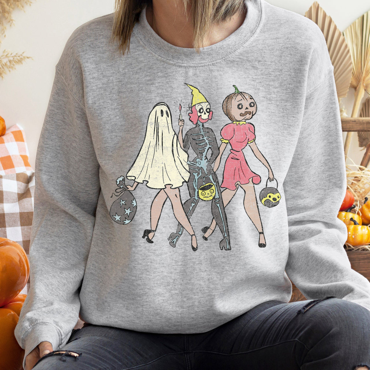 Three Girls Vintage Halloween Moonlit Parade of Spooky Characters and Witch Silhouettes Sweatshirt