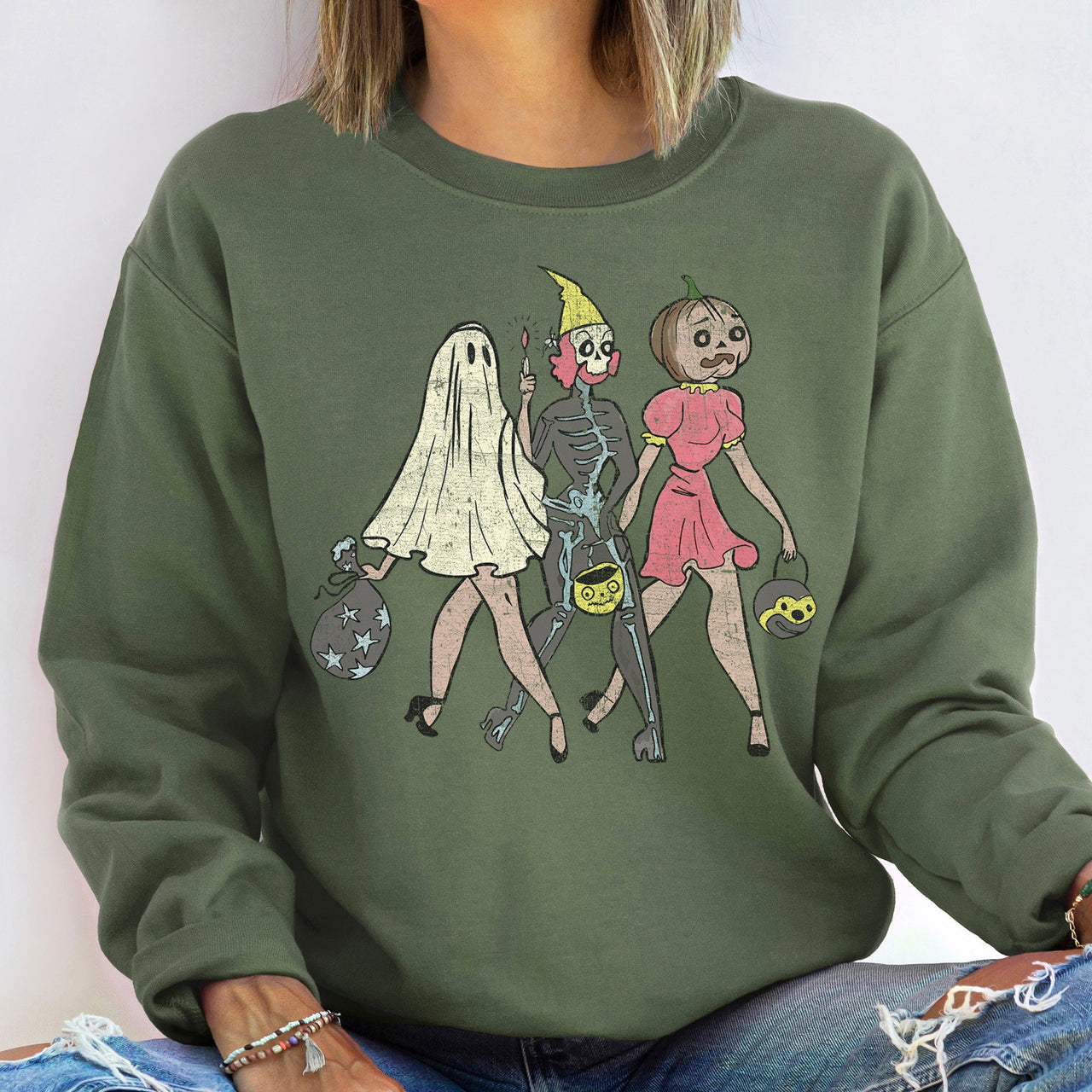 Three Girls Vintage Halloween Moonlit Parade of Spooky Characters and Witch Silhouettes Sweatshirt