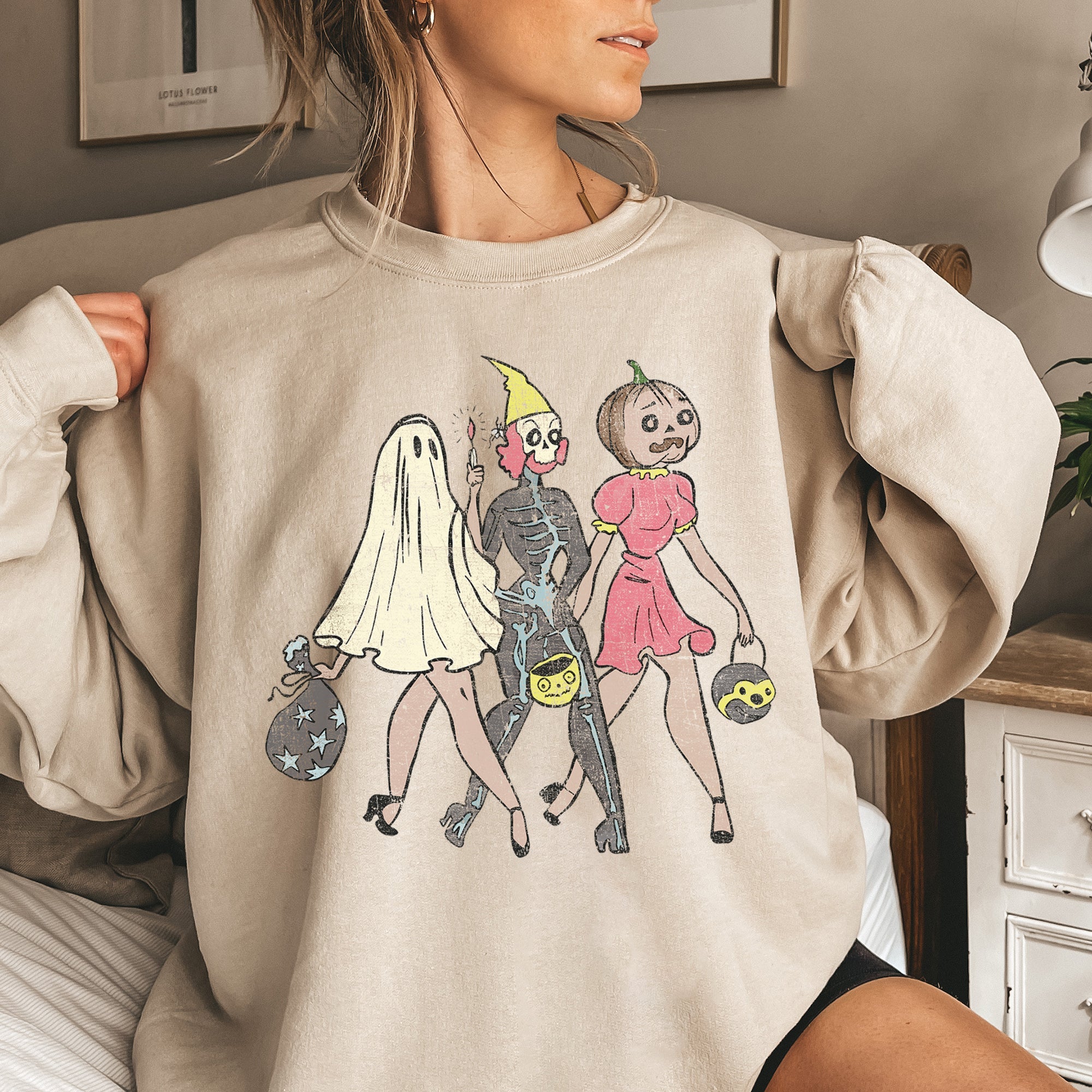 Three Girls Vintage Halloween Moonlit Parade of Spooky Characters and Witch Silhouettes Sweatshirt