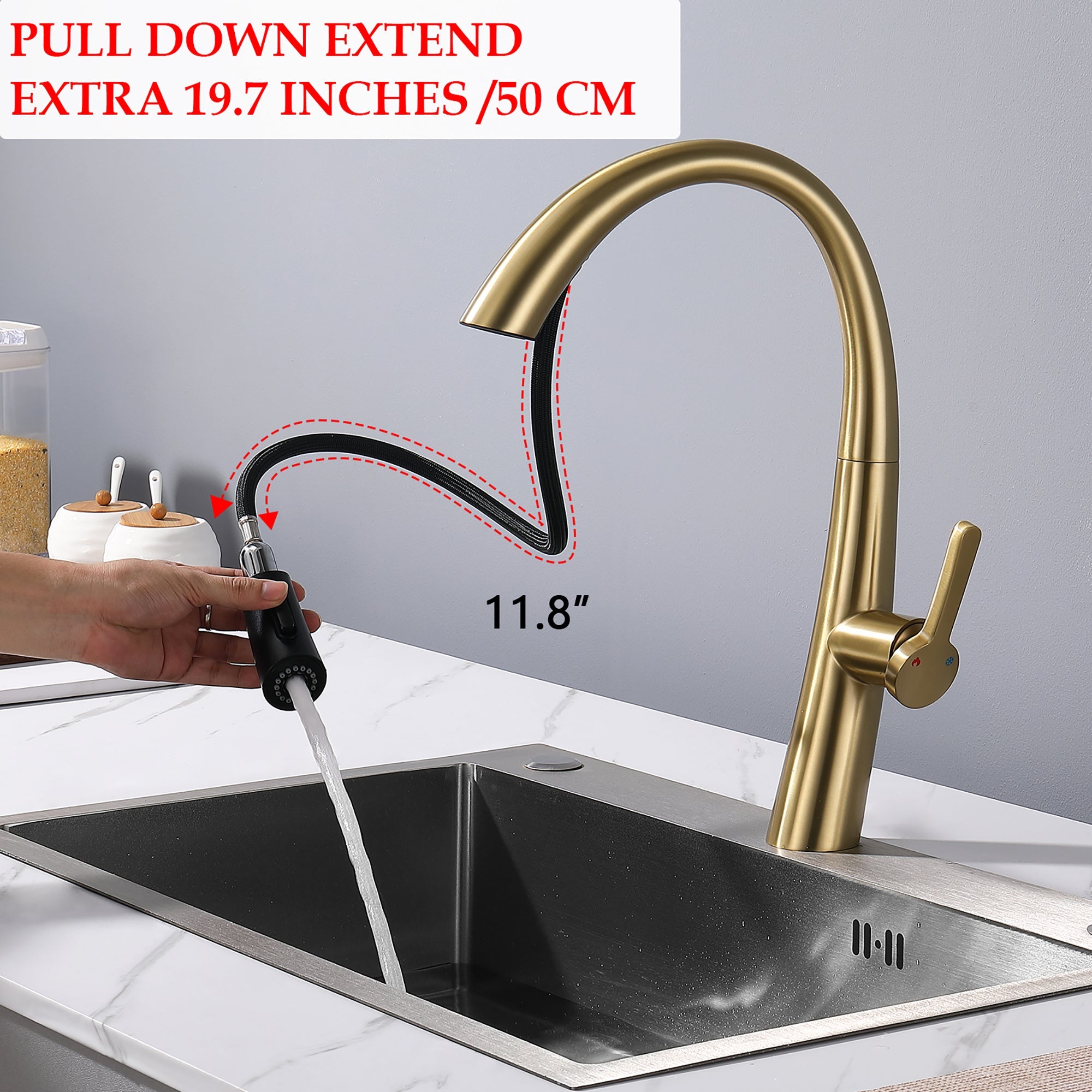 Elegant Single Handle Stainless Steel Pull Out Kitchen Faucet Brushed Gold with High-Arch Spout