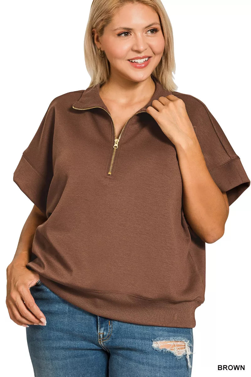 Zenana Full Size Scuba High Neck Half Zip Short Sleeve Top Plus Size