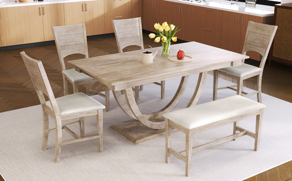 TOPMAX Modern Style Natural Wood 6-Piece Dining Table Set with Bench and Chairs, Upholstered Seats, Rubberwood Frame