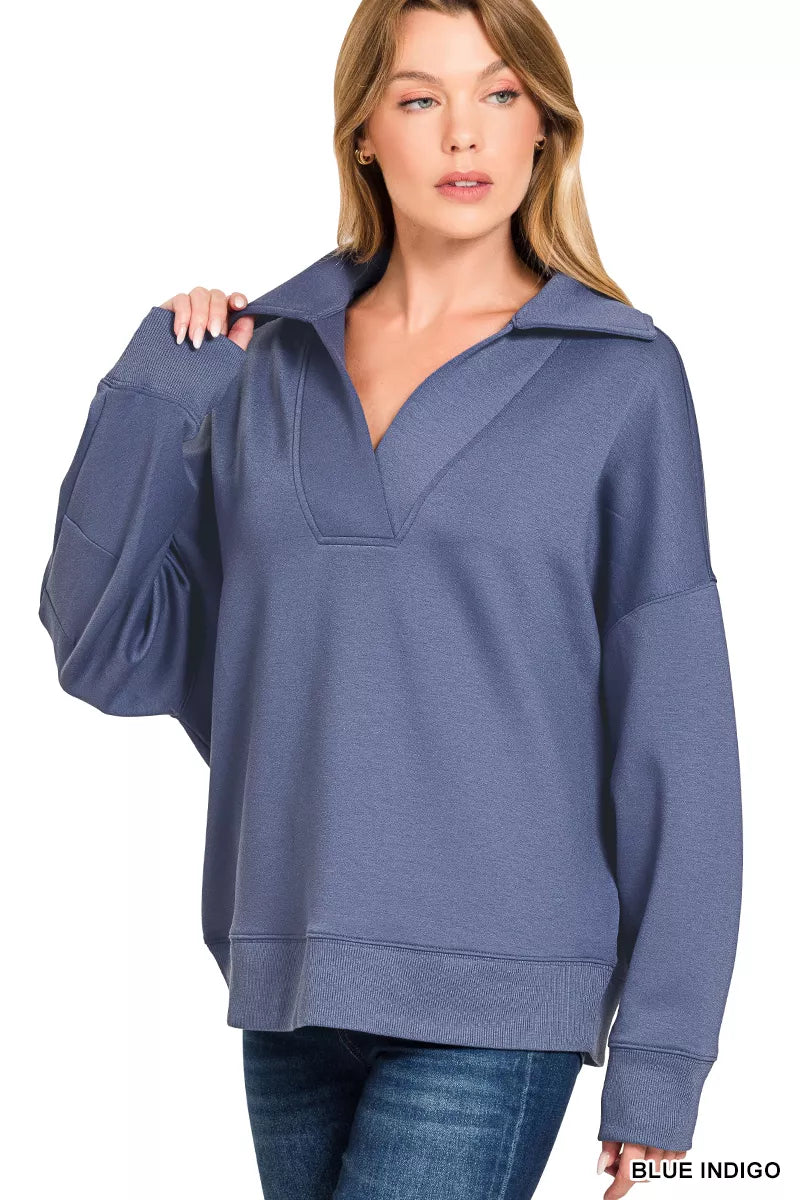 Zenana Scuba Collared Pullover & Center Seam Pants Set