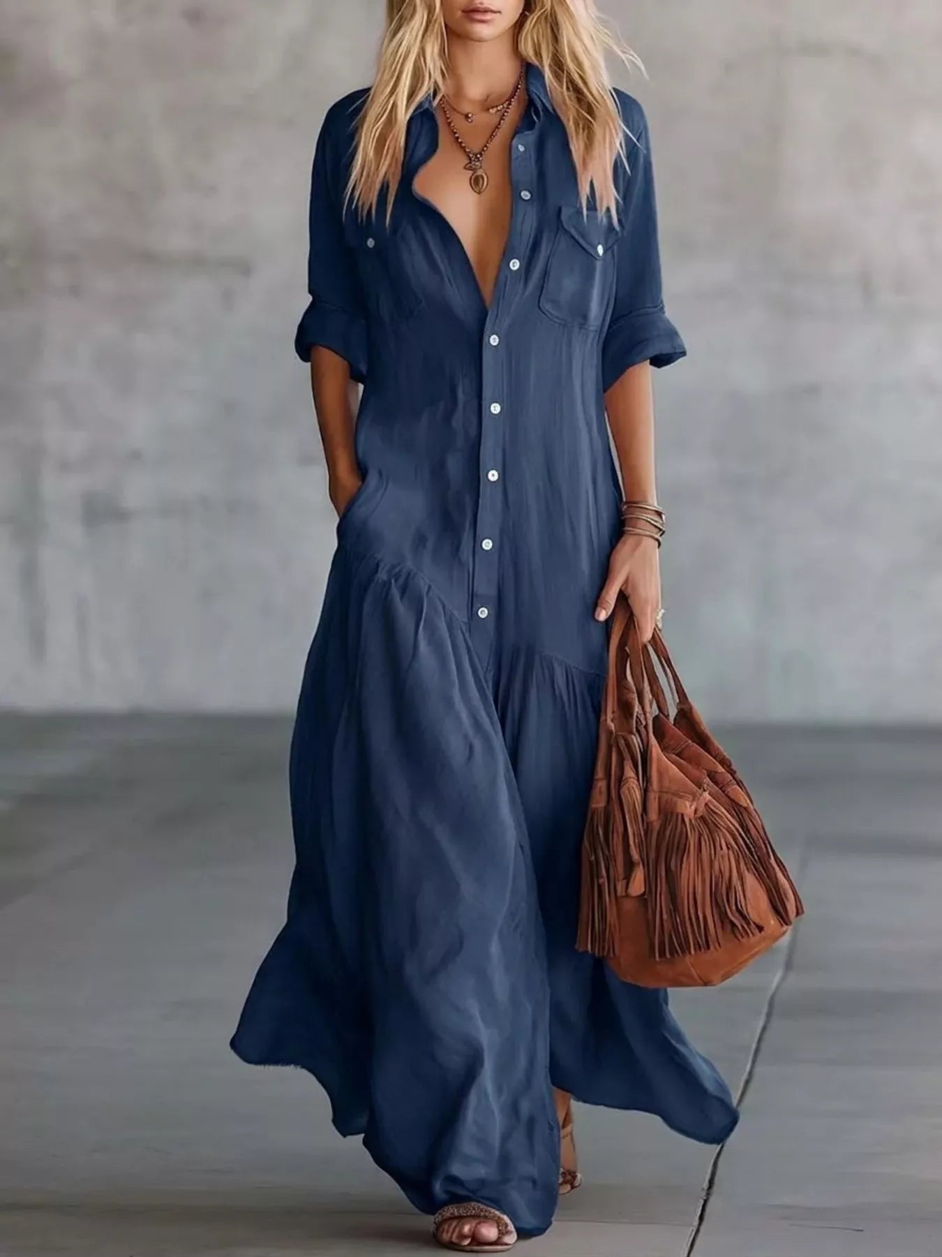 Full Size Button Front Roll-Up Sleeve Maxi Dress Plus Size