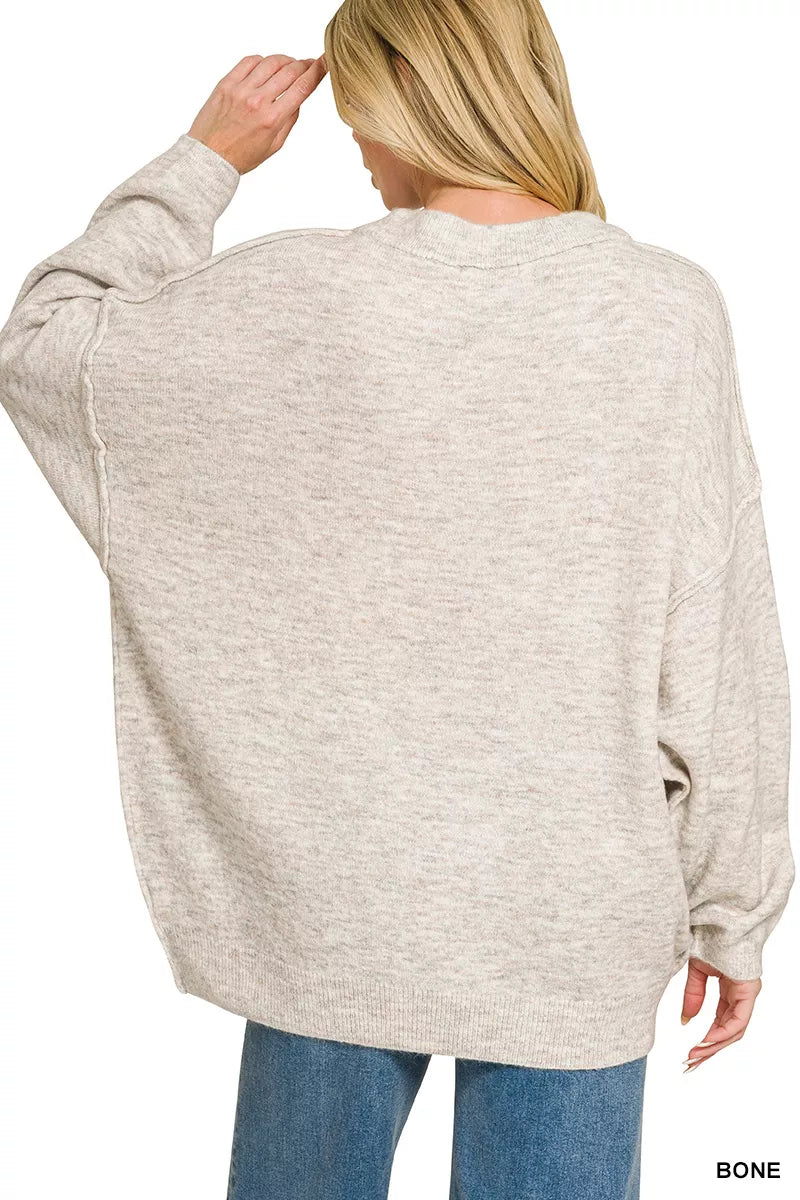Zenana Oversized Round Neck Exposed Seam Melange Sweater